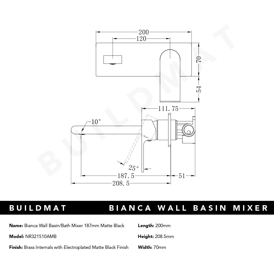 Bianca Wall Basin/Bath Mixer 187mm Matte Black