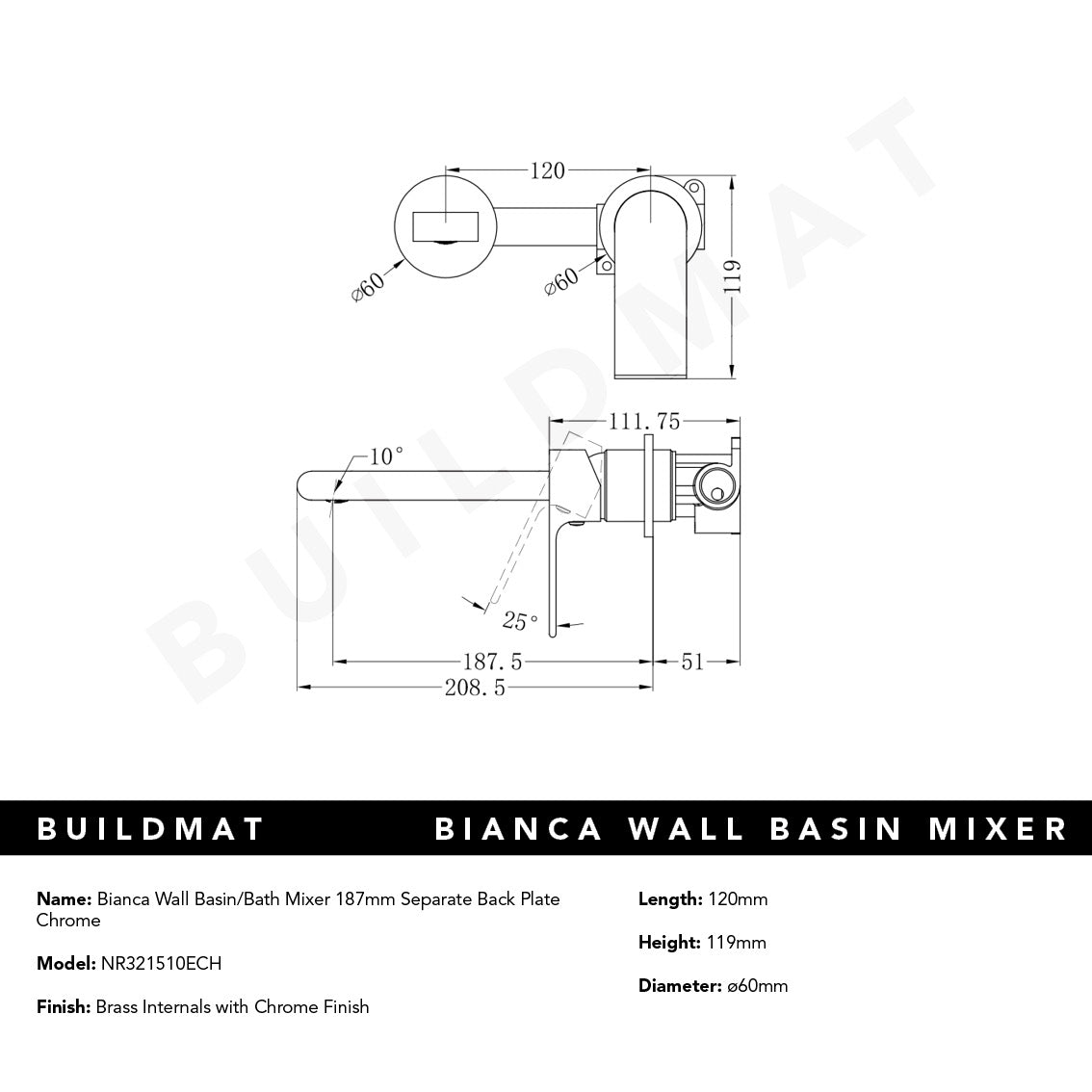 Bianca Wall Basin/Bath Mixer Separate Backplate 187mm Chrome