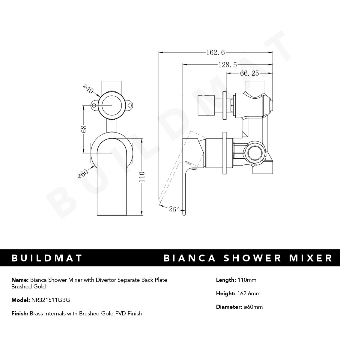 Bianca Shower Mixer with Divertor Separate Back Plate Brushed Gold