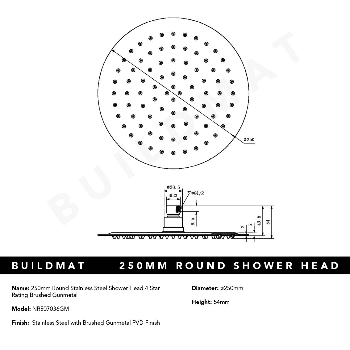 250mm Round Stainless Steel Shower Head 4 Star Rating Brushed Gunmetal