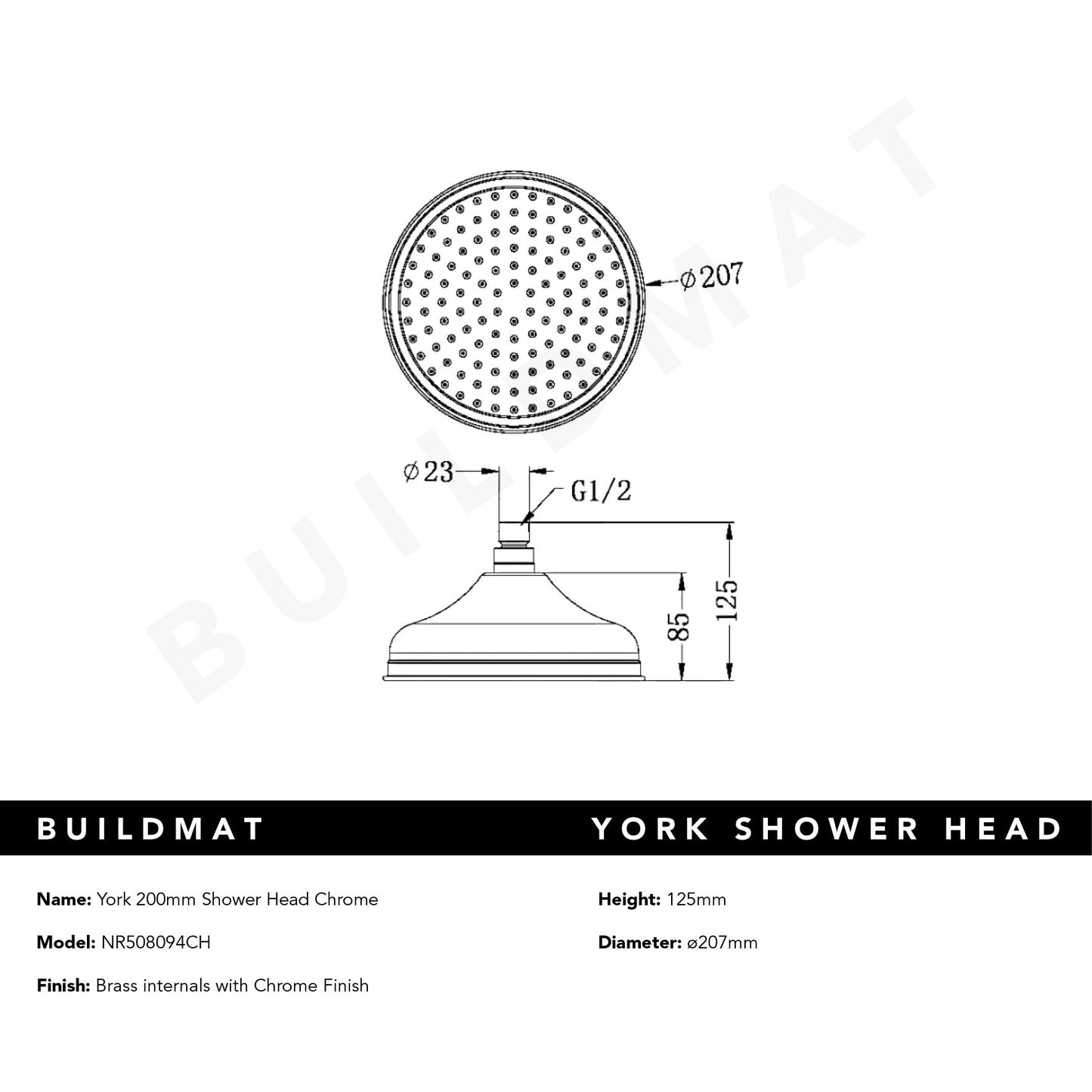 York Shower Head 200mm Chrome