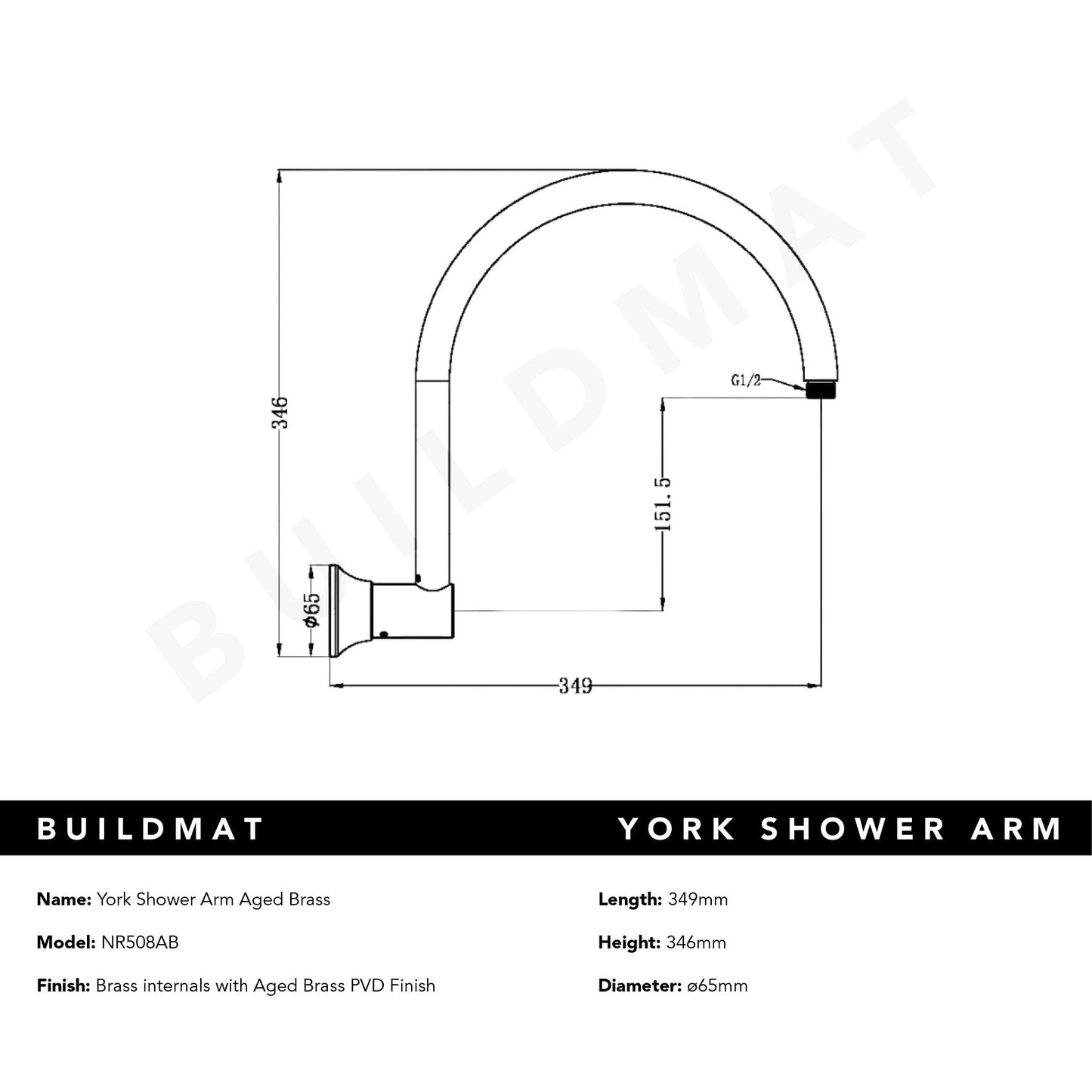 York Shower Arm Aged Brass