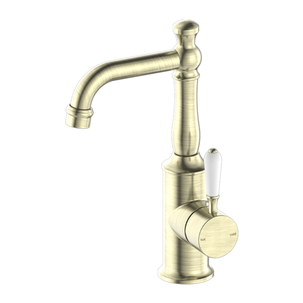 York Basin Mixer with White Porcelain Lever Aged Brass