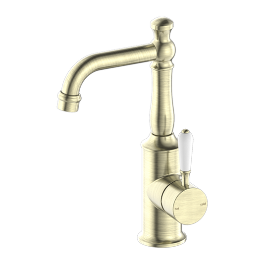 York Basin Mixer with White Porcelain Lever Aged Brass