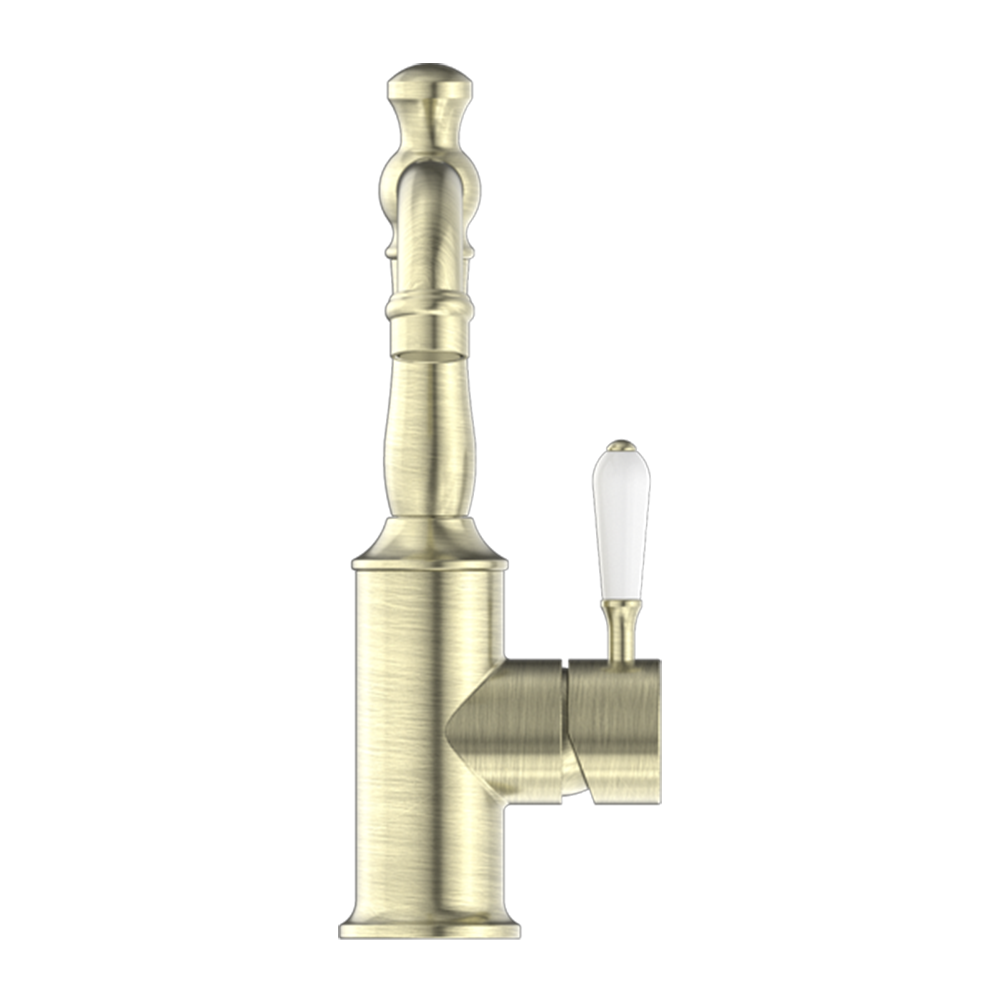 York Basin Mixer with White Porcelain Lever Aged Brass