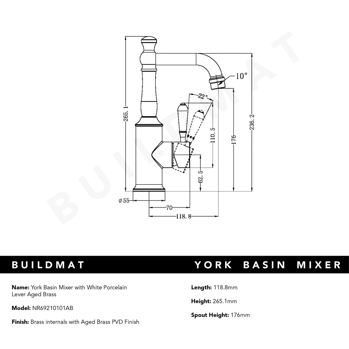 York Basin Mixer with White Porcelain Lever Aged Brass