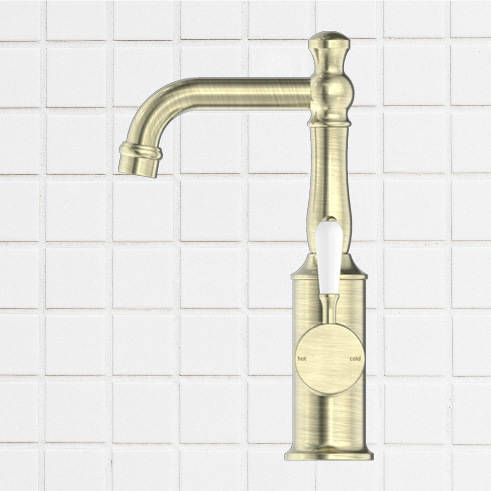 York Basin Mixer with White Porcelain Lever Aged Brass