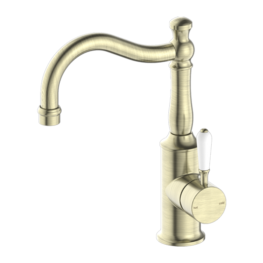 York Basin Mixer Hook Spout with White Porcelain Lever Aged Brass