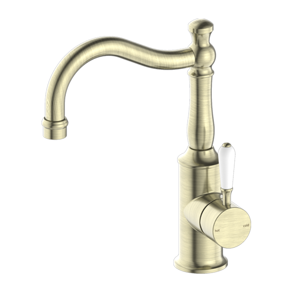 York Basin Mixer Hook Spout with White Porcelain Lever Aged Brass