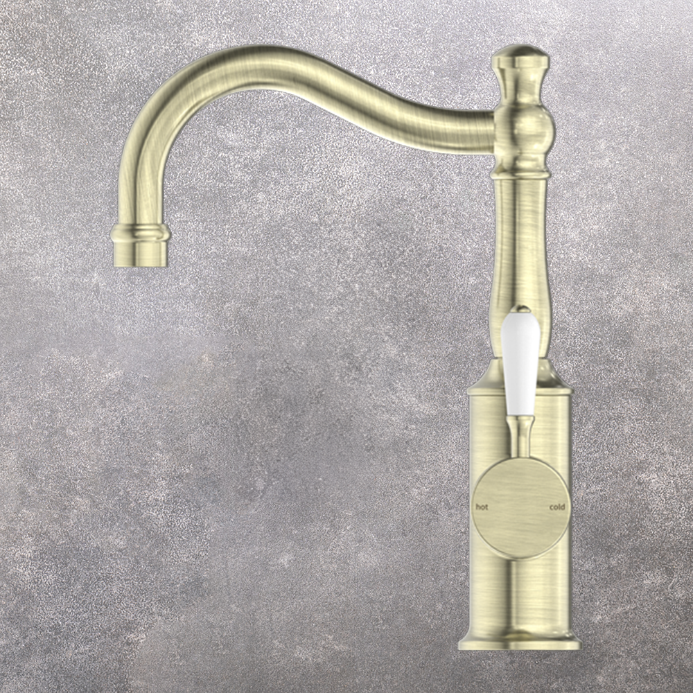 York Basin Mixer Hook Spout with White Porcelain Lever Aged Brass