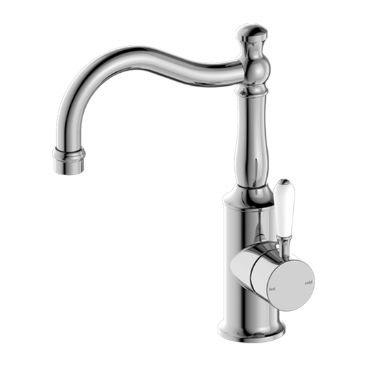 York Basin Mixer Hook Spout with White Porcelain Lever Chrome