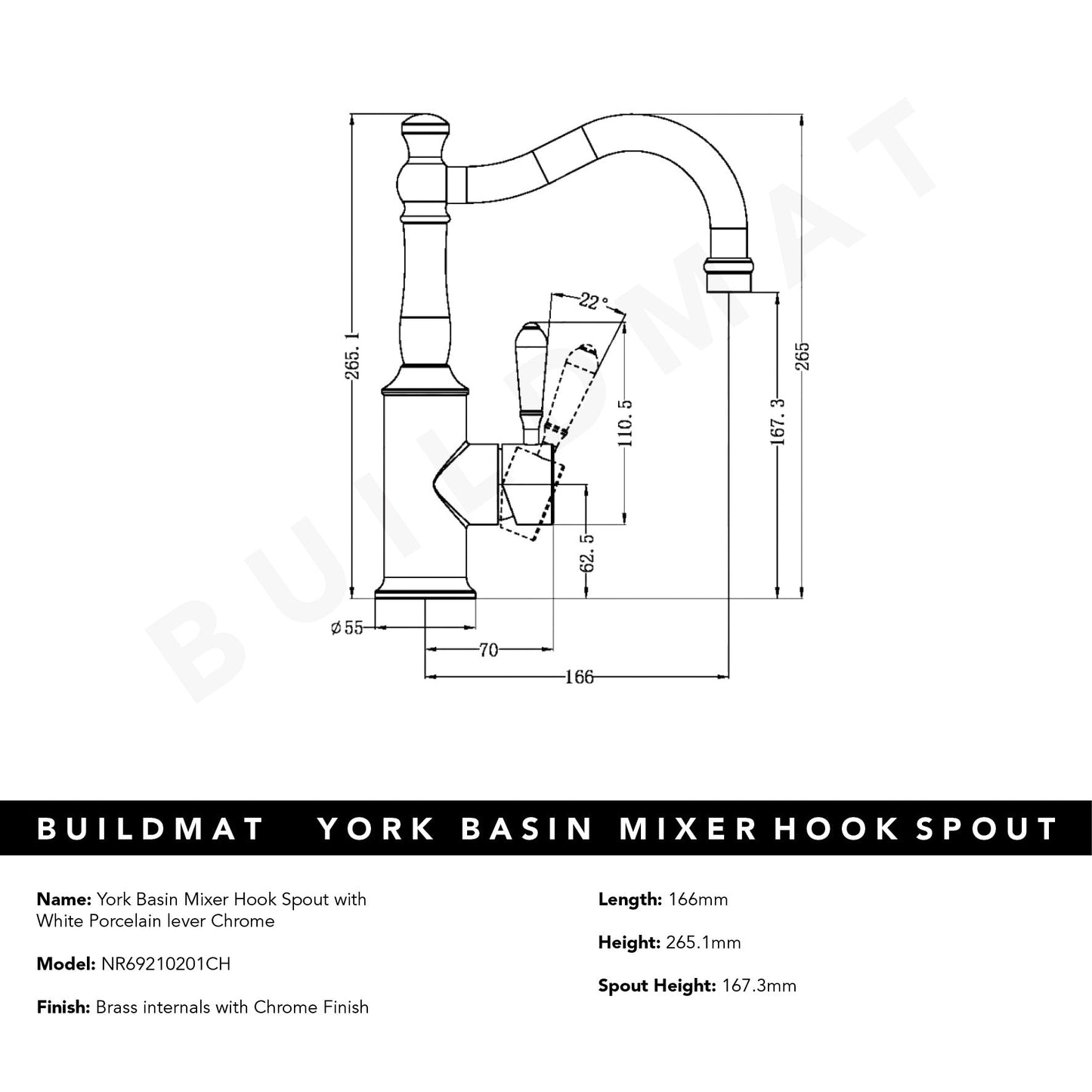 York Basin Mixer Hook Spout with White Porcelain Lever Chrome