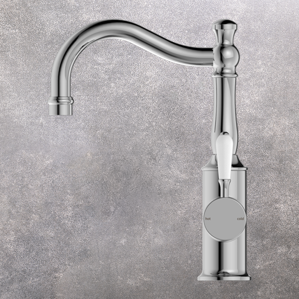 York Basin Mixer Hook Spout with White Porcelain Lever Chrome