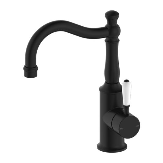 York Basin Mixer Hook Spout with White Porcelain Lever Matte Black