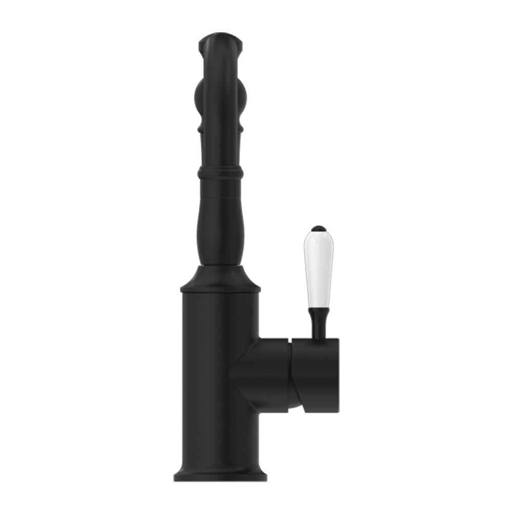 York Basin Mixer Hook Spout with White Porcelain Lever Matte Black