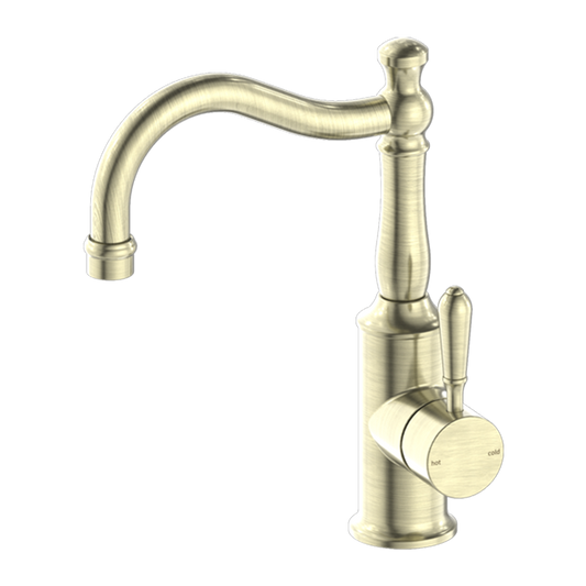 York Basin Mixer Hook Spout with Metal Lever Aged Brass