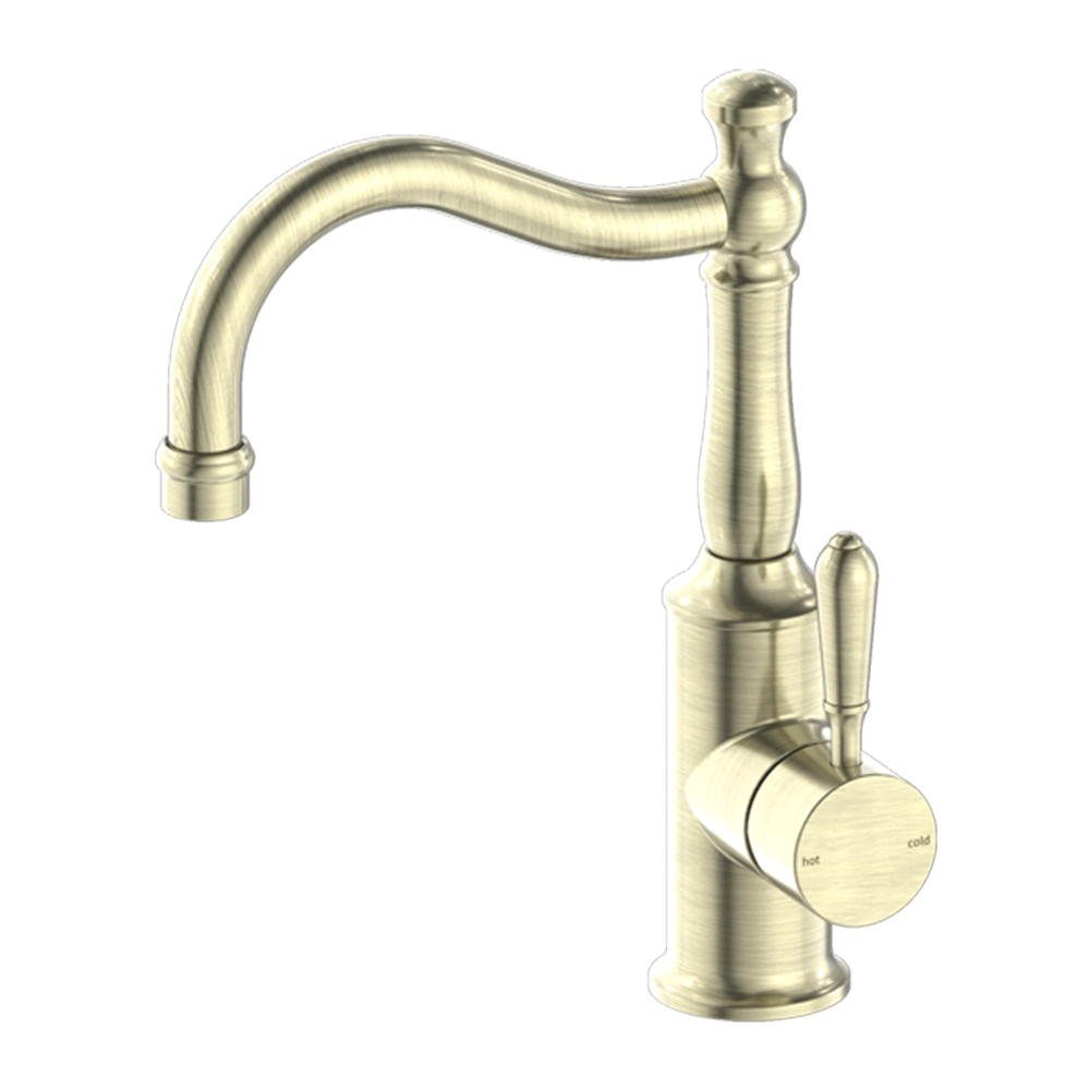 York Basin Mixer Hook Spout with Metal Lever Aged Brass