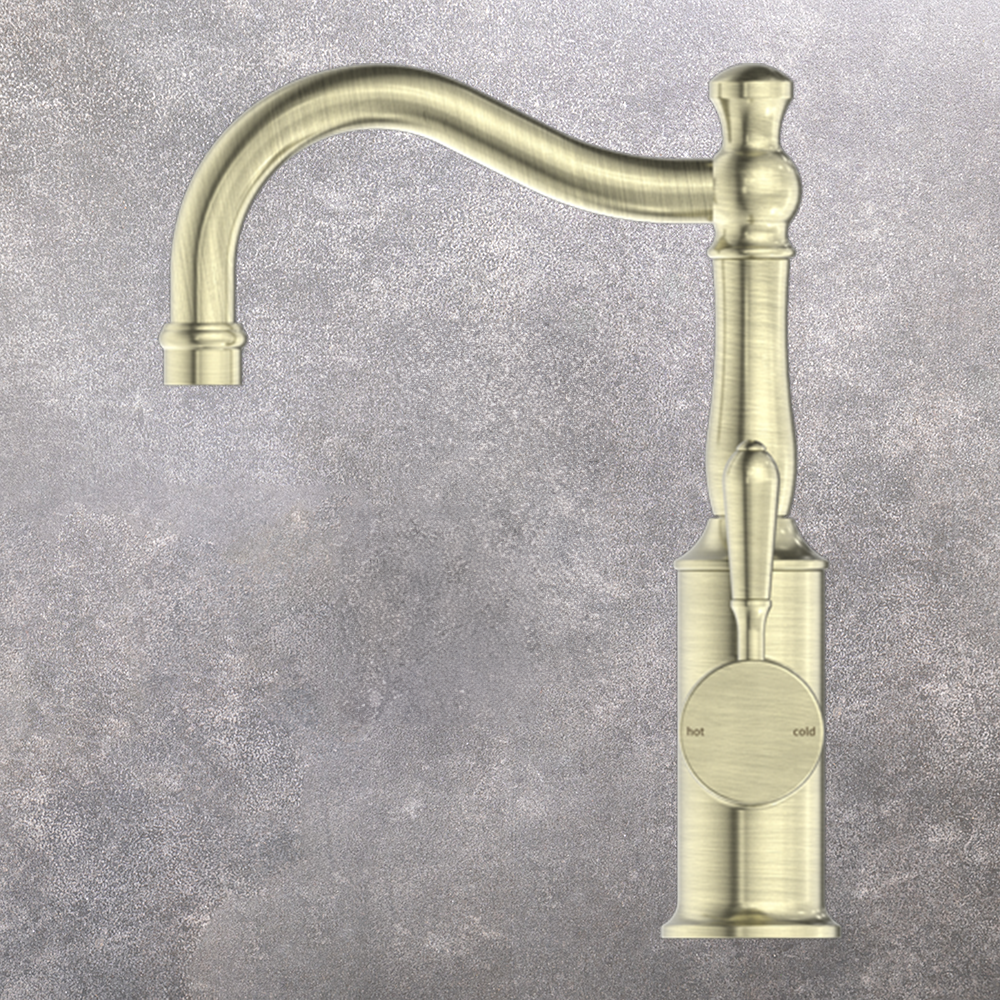 York Basin Mixer Hook Spout with Metal Lever Aged Brass