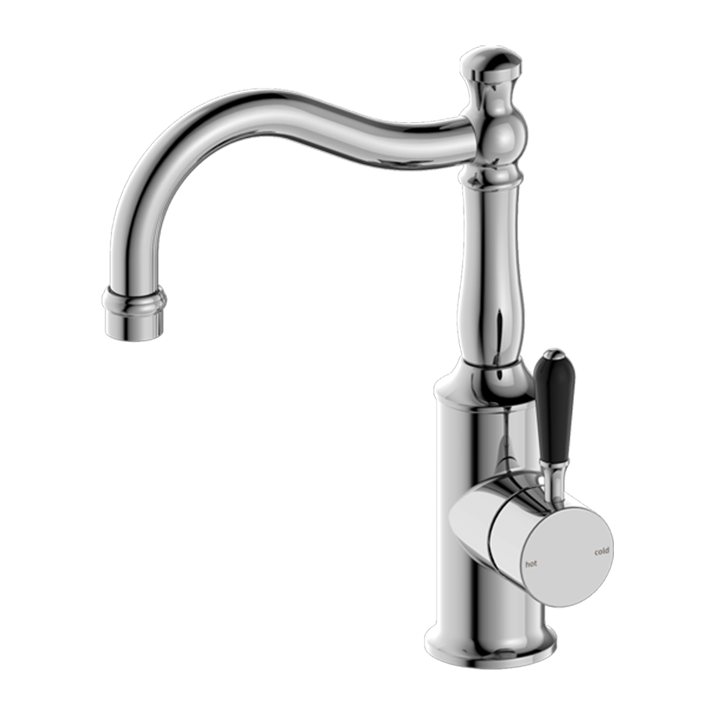 York Basin Mixer Hook Spout with Black Porcelain Lever Chrome