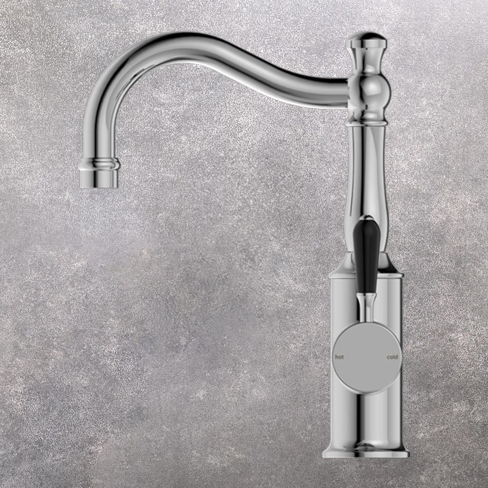 York Basin Mixer Hook Spout with Black Porcelain Lever Chrome