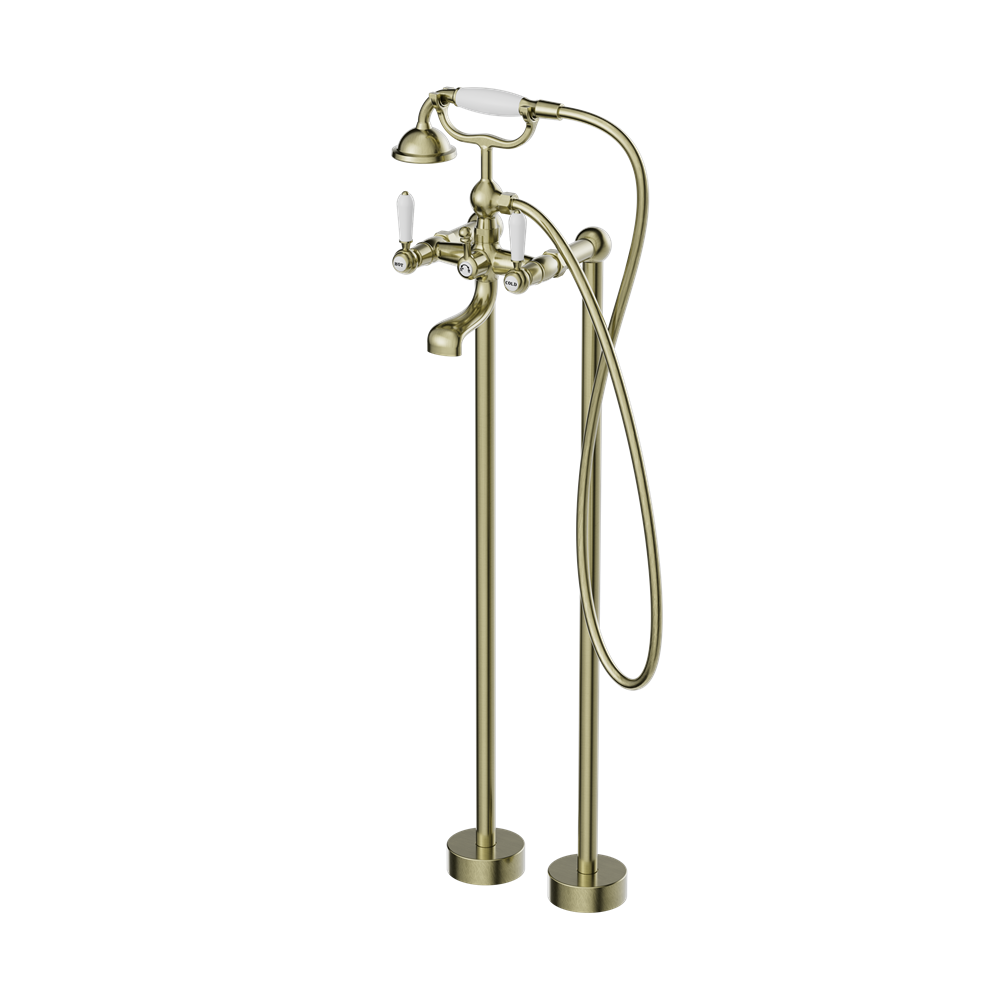 York Freestanding Bath Mixer With White Porcelain Hand Shower Aged Brass