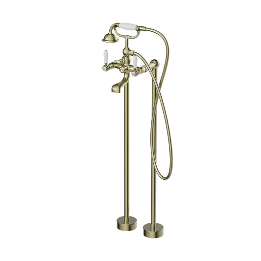 York Freestanding Bath Mixer With White Porcelain Hand Shower Aged Brass