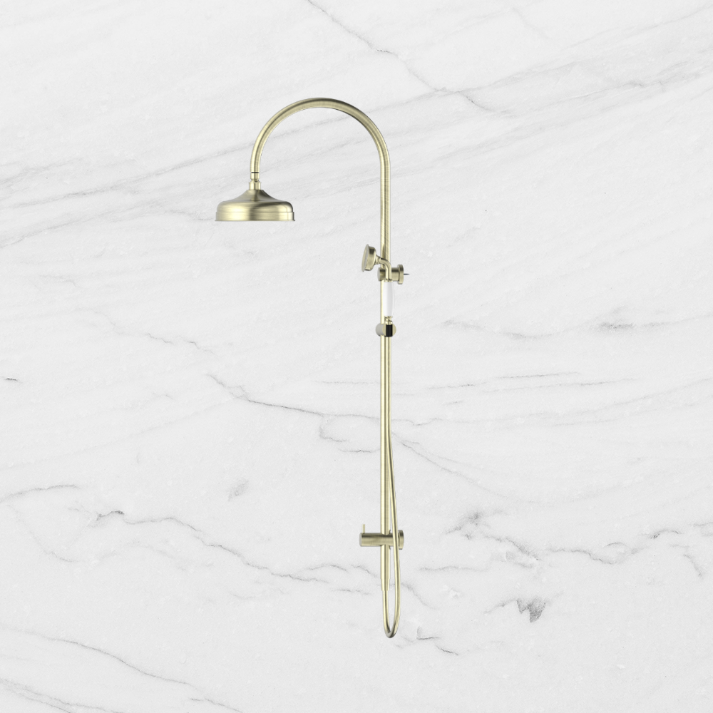 York Twin Shower with White Porcelain Hand Shower Aged Brass