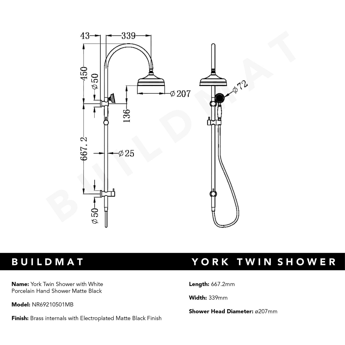 York Twin Shower with White Porcelain Hand Shower Matte Black