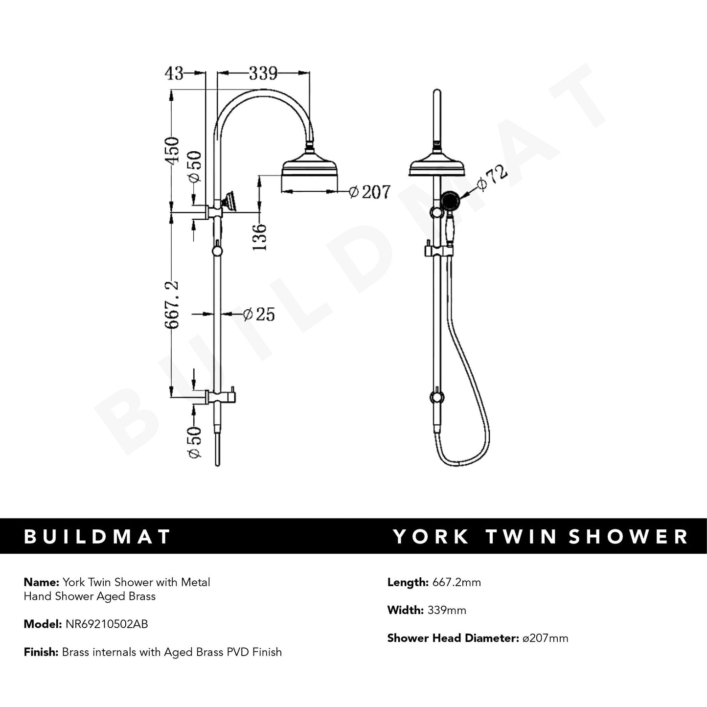 York Twin Shower with Metal Hand Shower Aged Brass