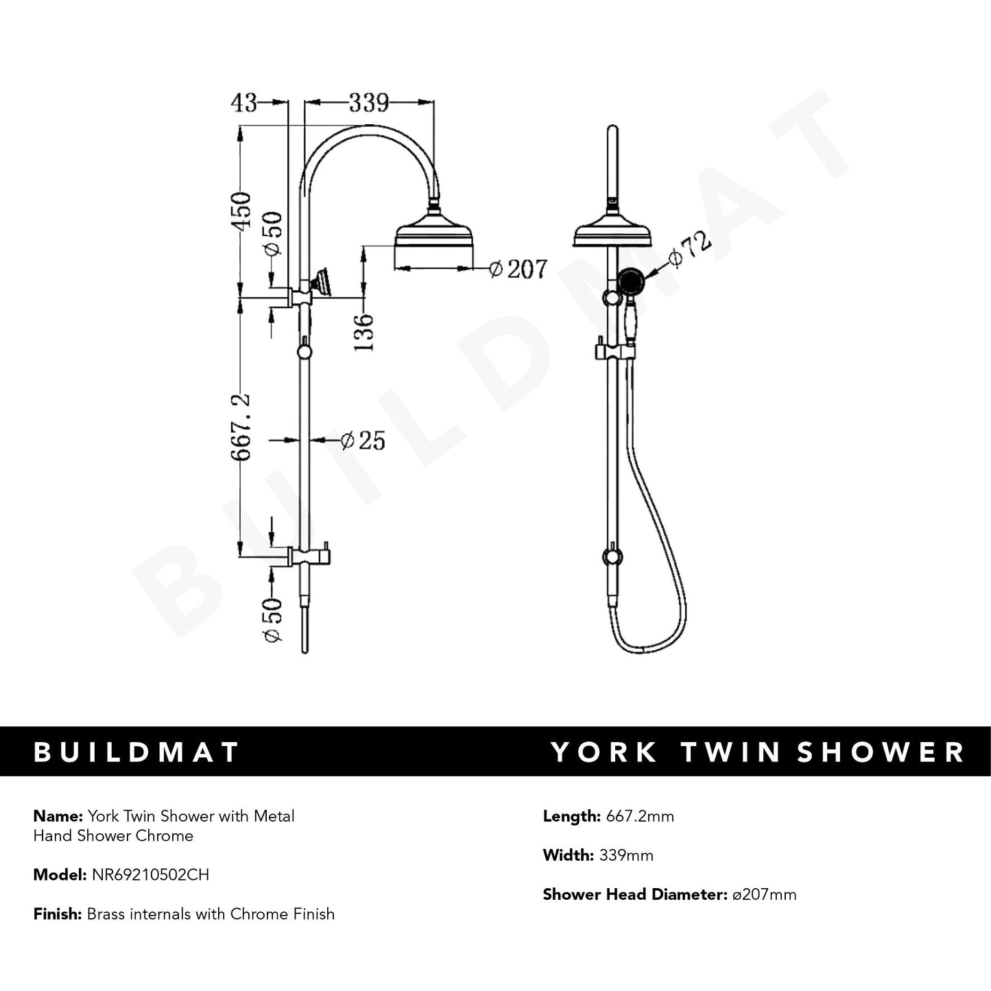 York Twin Shower with Metal Hand Shower Chrome