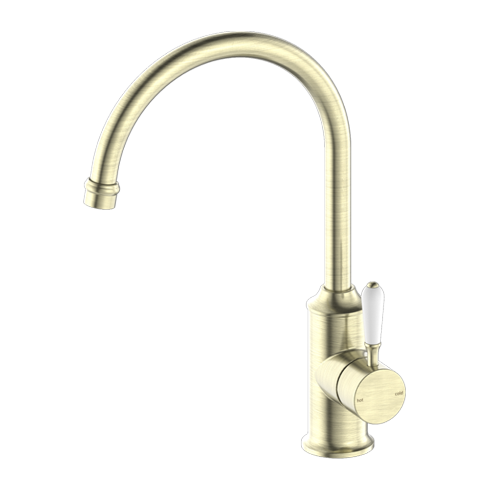 York Kitchen Mixer Gooseneck Spout with White Porcelain Lever Aged Brass