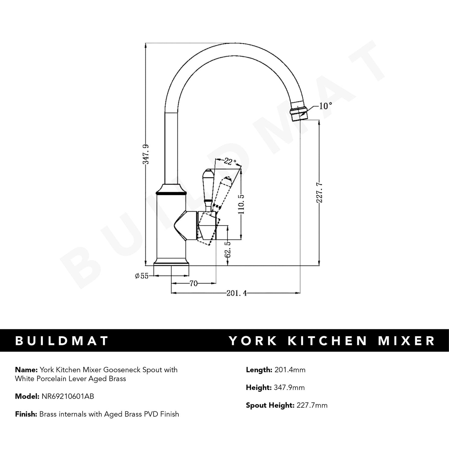 York Kitchen Mixer Gooseneck Spout with White Porcelain Lever Aged Brass