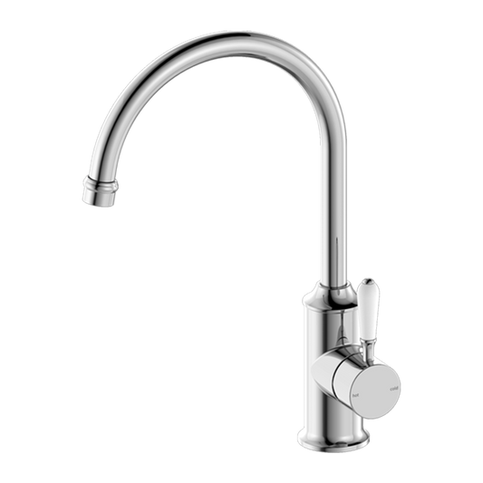 York Kitchen Mixer Gooseneck Spout with White Porcelain Lever Chrome