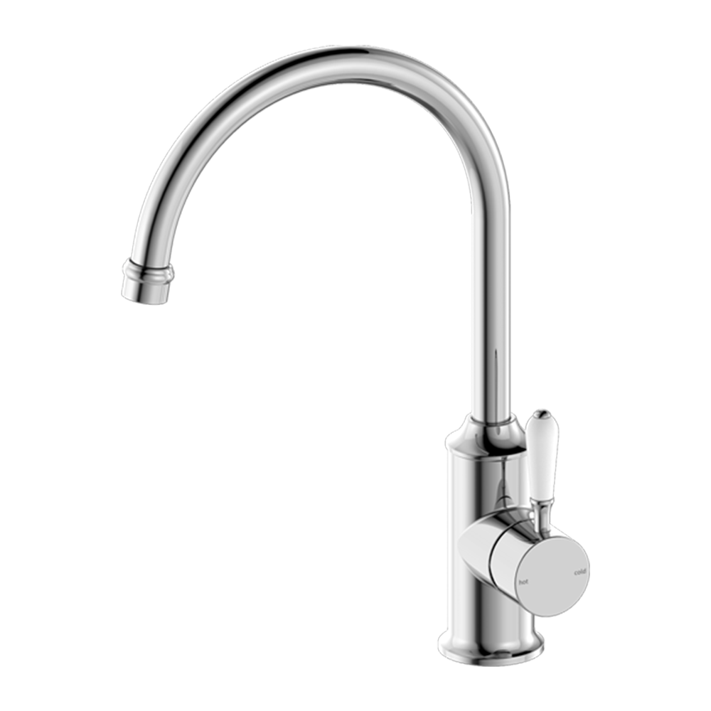 York Kitchen Mixer Gooseneck Spout with White Porcelain Lever Chrome