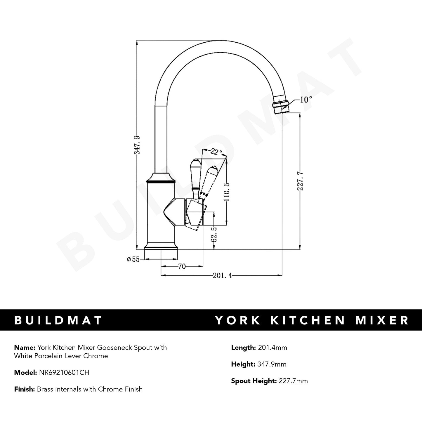 York Kitchen Mixer Gooseneck Spout with White Porcelain Lever Chrome