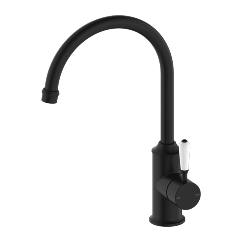 York Kitchen Mixer Gooseneck Spout with White Porcelain Lever Matte Black