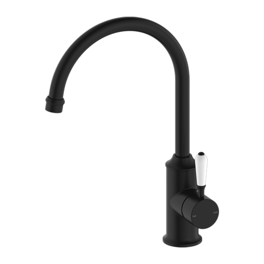 York Kitchen Mixer Gooseneck Spout with White Porcelain Lever Matte Black