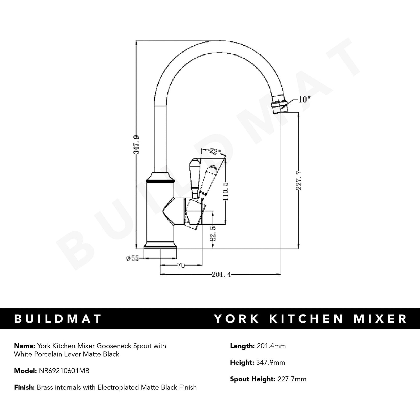 York Kitchen Mixer Gooseneck Spout with White Porcelain Lever Matte Black