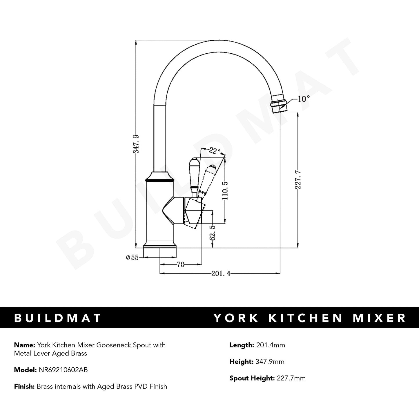 York Kitchen Mixer Gooseneck Spout with Metal Lever Aged Brass