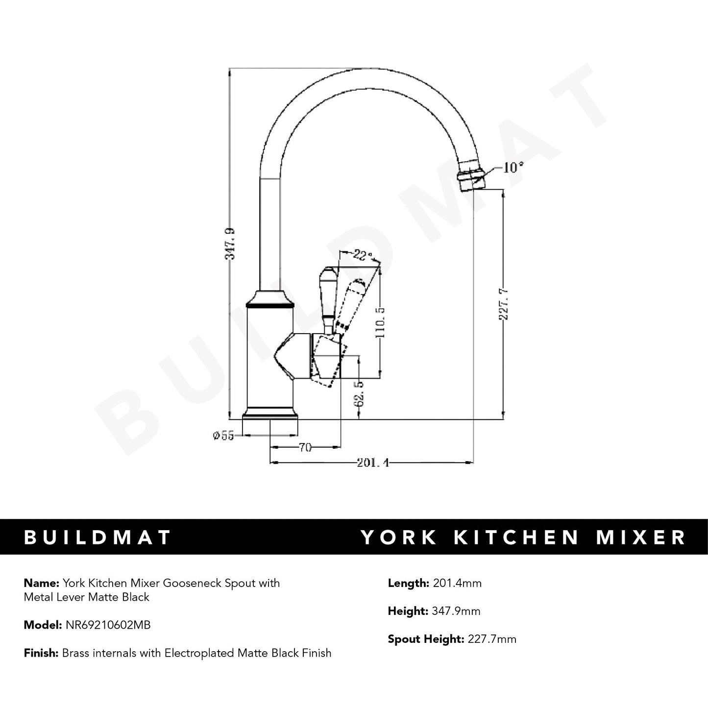 York Kitchen Mixer Gooseneck Spout with Metal Lever Matte Black