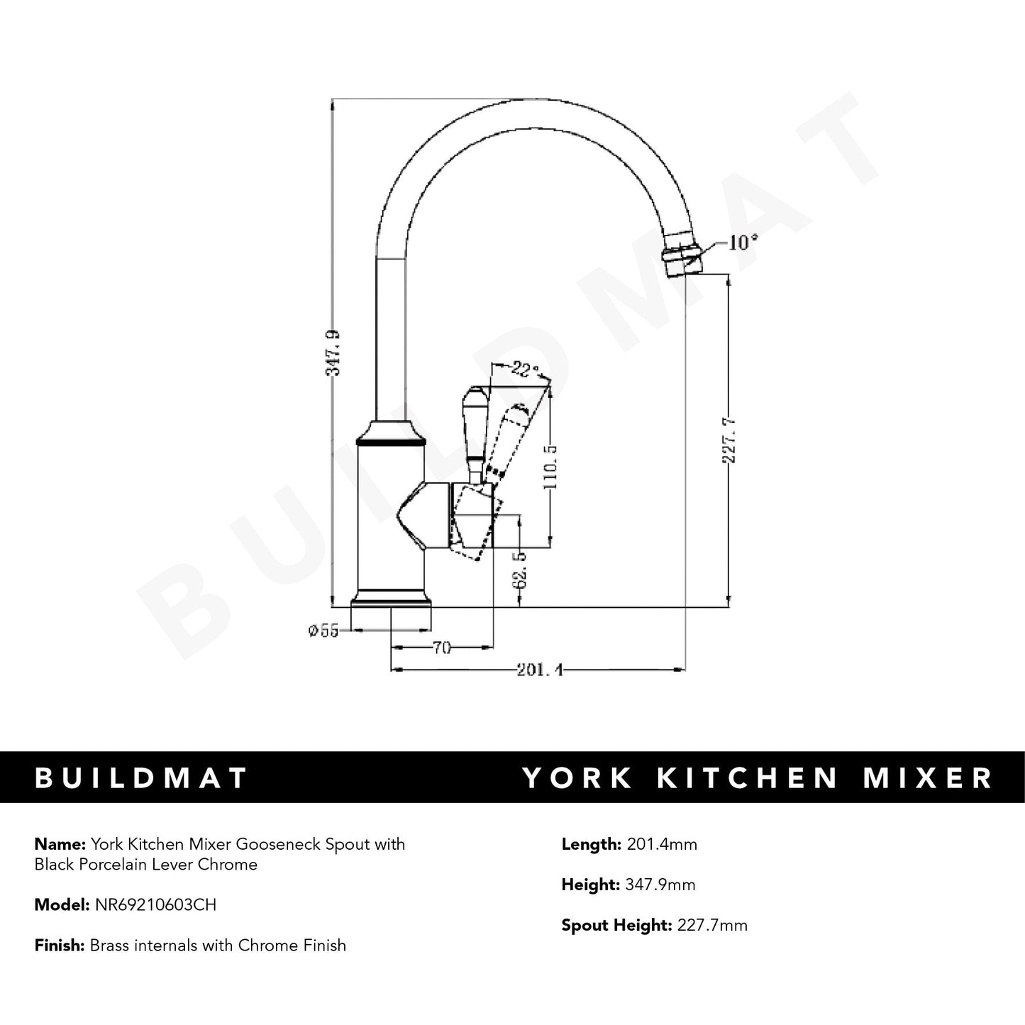 York Kitchen Mixer Gooseneck Spout with Black Porcelain Lever Chrome