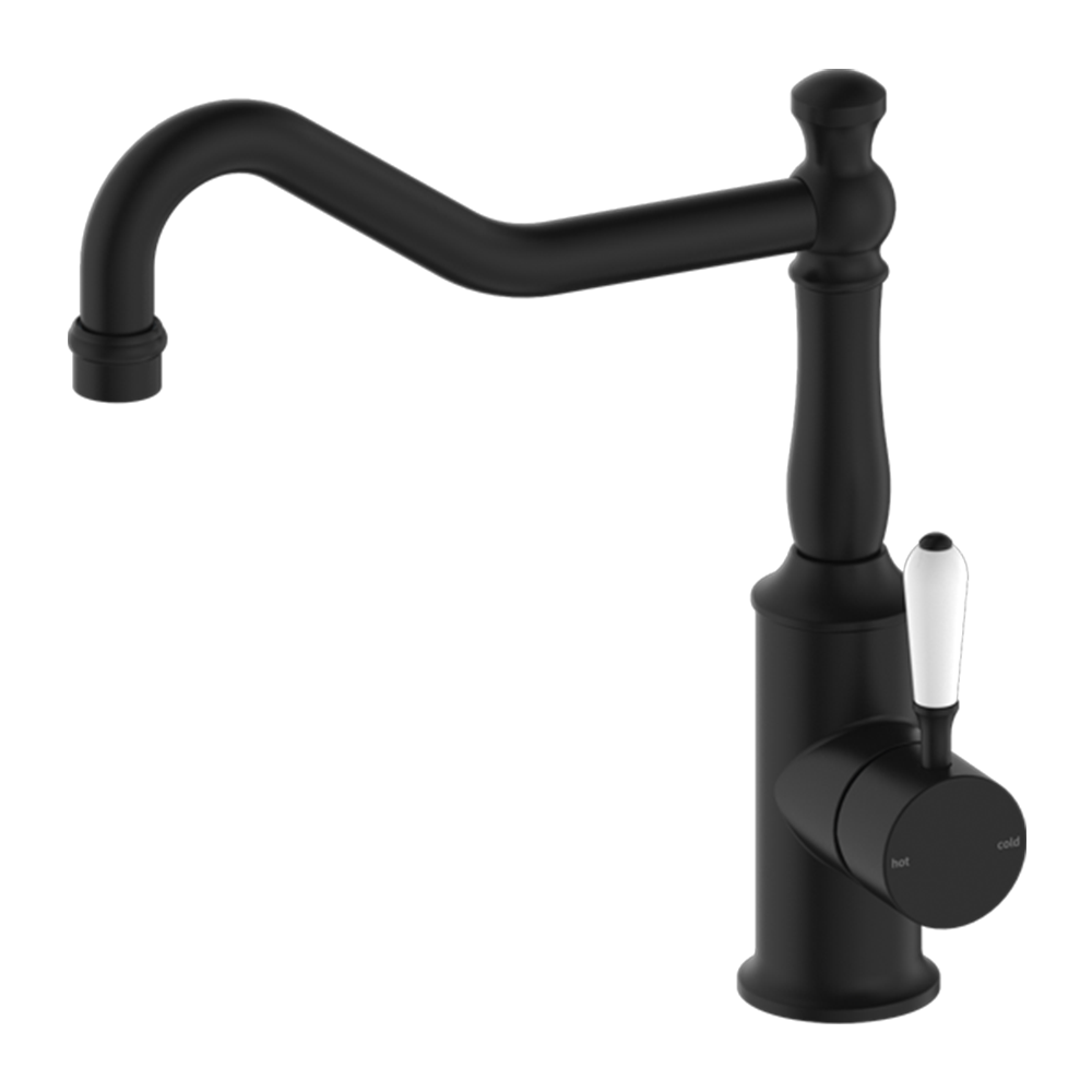 York Kitchen Mixer Hook Spout with White Porcelain Lever Matte Black