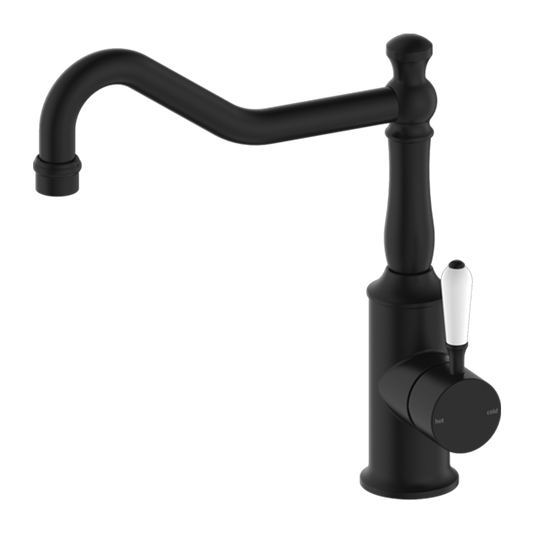 York Kitchen Mixer Hook Spout with White Porcelain Lever Matte Black