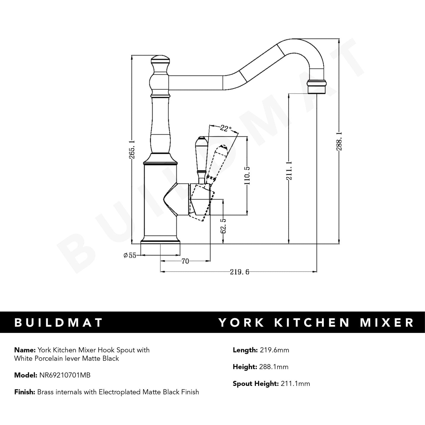 York Kitchen Mixer Hook Spout with White Porcelain Lever Matte Black