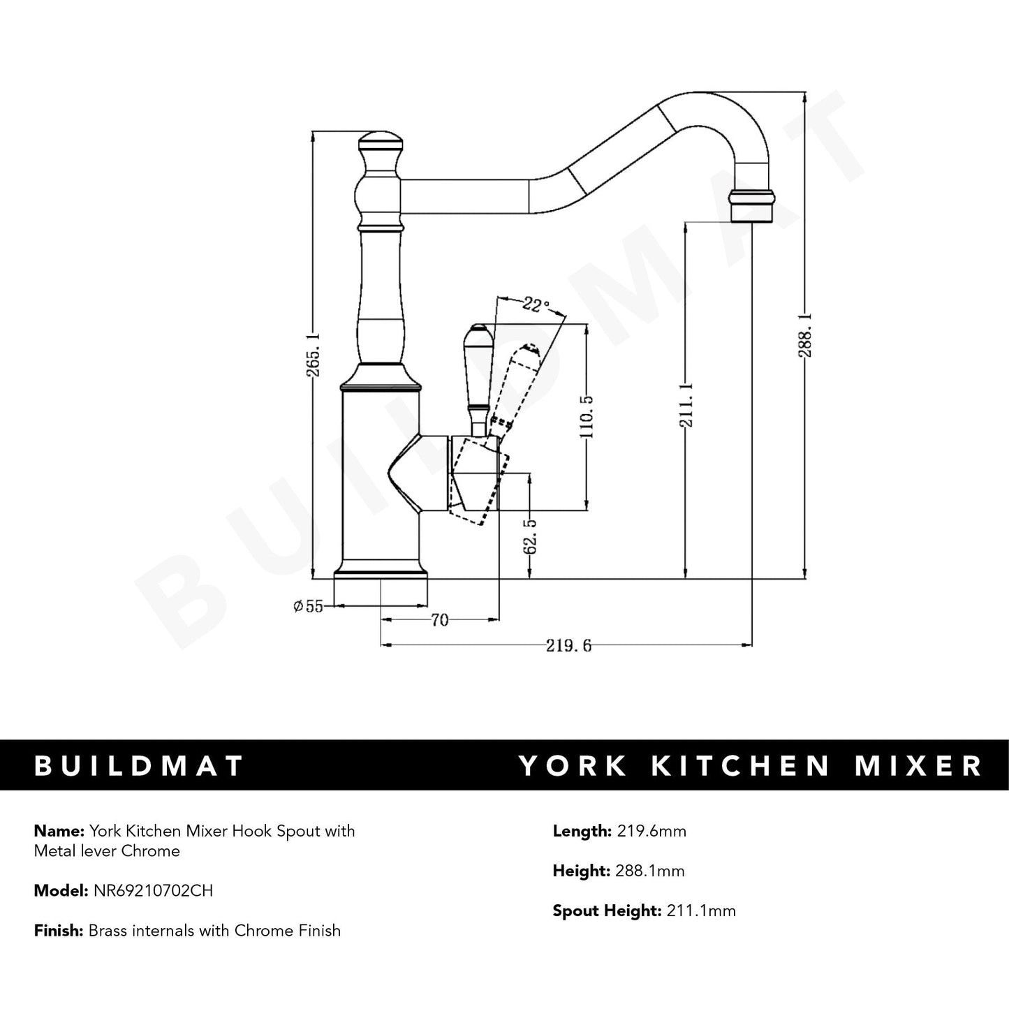 York Kitchen Mixer Hook Spout with Metal Lever Chrome