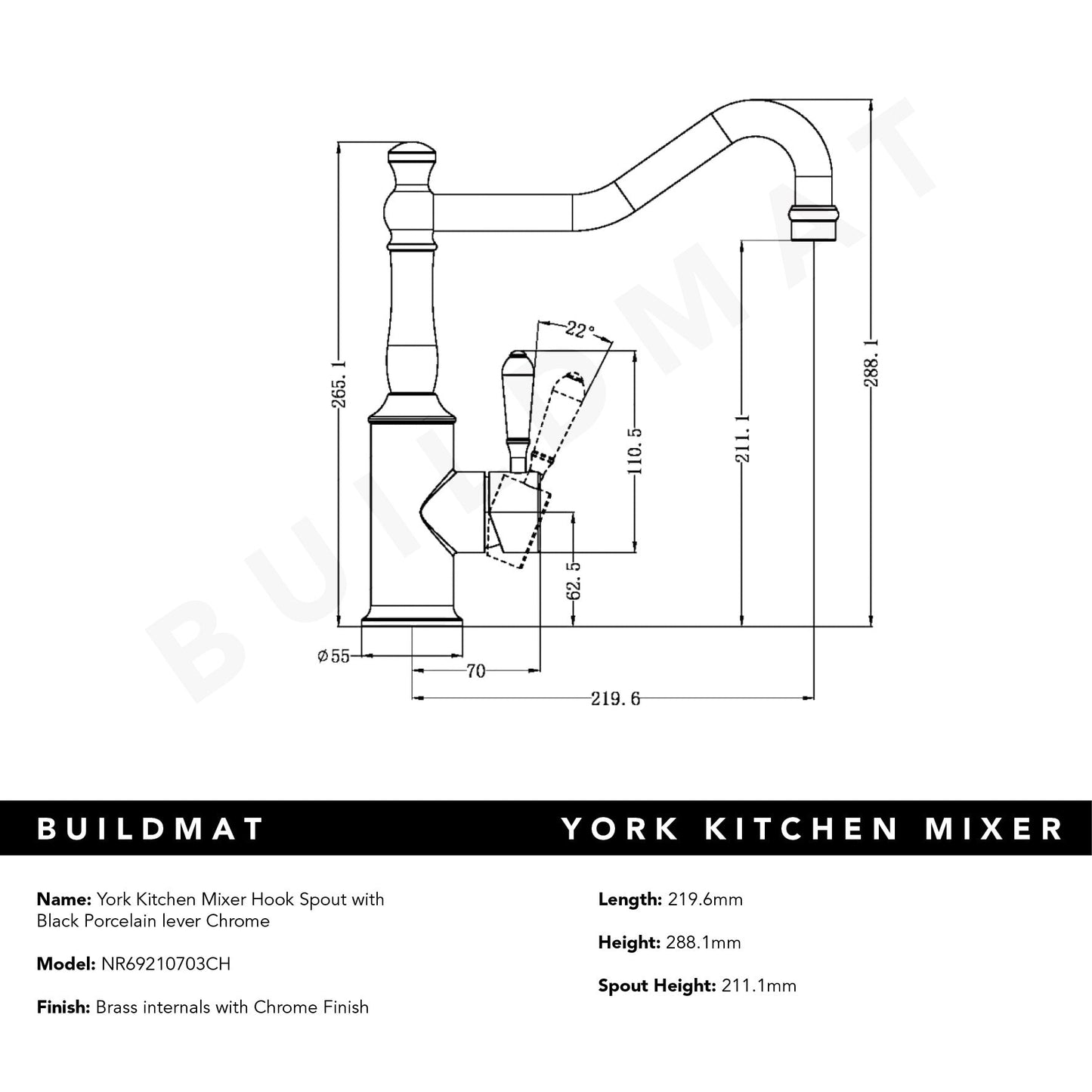 York Kitchen Mixer Hook Spout with Black Porcelain Lever Chrome