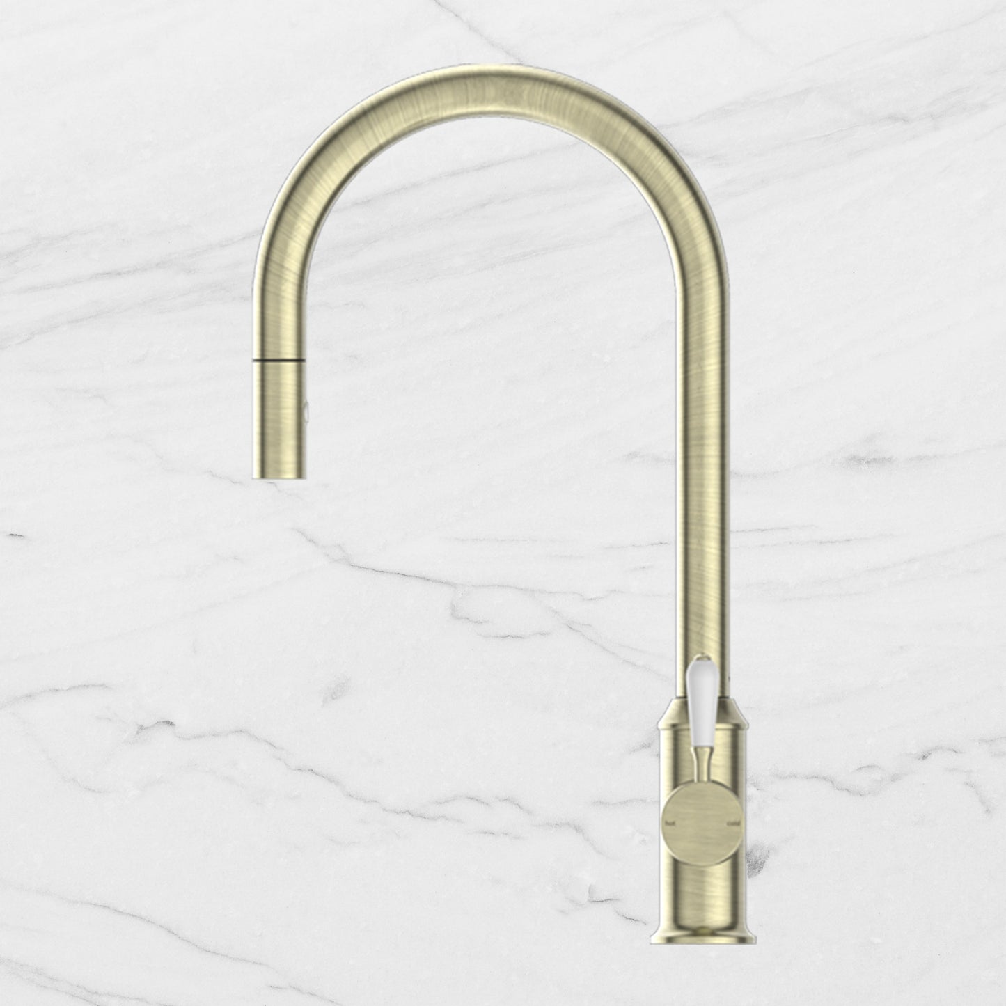 York Pull Out Sink Mixer with Vegie Spray Function with White Porcelain Lever Aged Brass