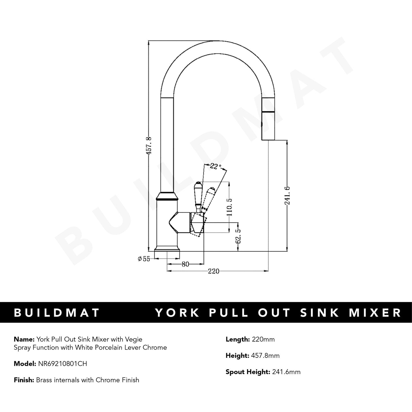 York Pull Out Sink Mixer with Vegie Spray Function with White Porcelain Lever Chrome