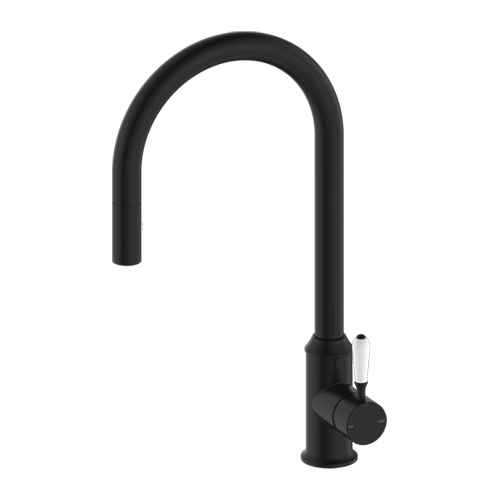 York Pull Out Sink Mixer with Vegie Spray Function with White Porcelain Lever Matte Black