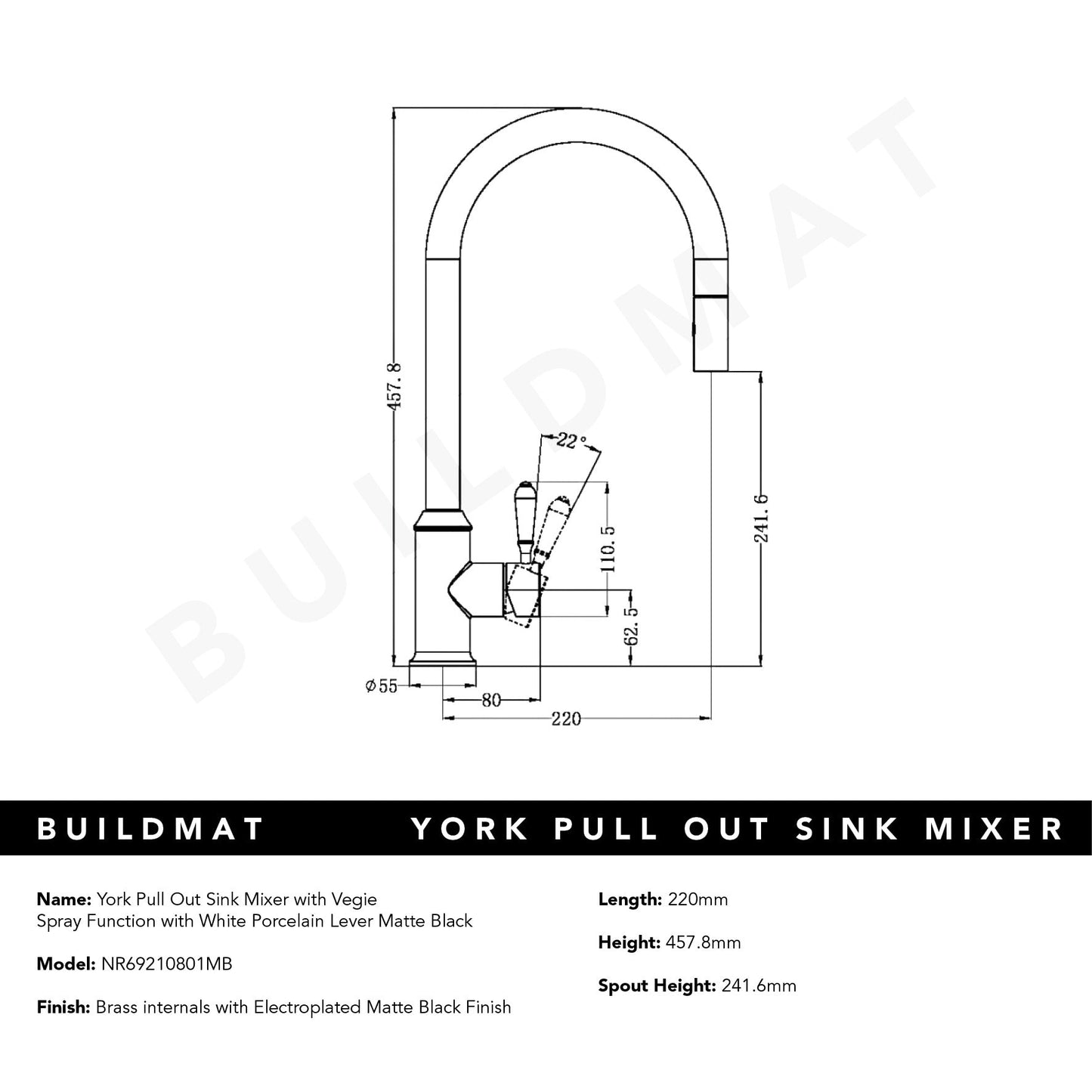 York Pull Out Sink Mixer with Vegie Spray Function with White Porcelain Lever Matte Black